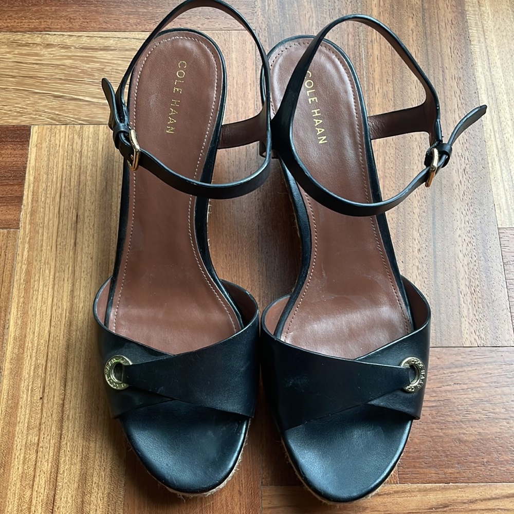 Cole Haan Womens Black Leather Ankle Strap Sandals Wedge Heels Sz US 9